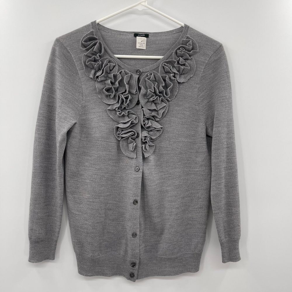 J. Crew Gray Ruffle-Front Cardigan